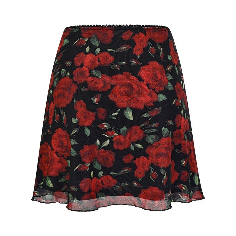 Summer All-match Design Sense American Style Retro High Waist A- Line Skirt Rose Short Wood-ear Edge Printed Half-length Skirt Trendy