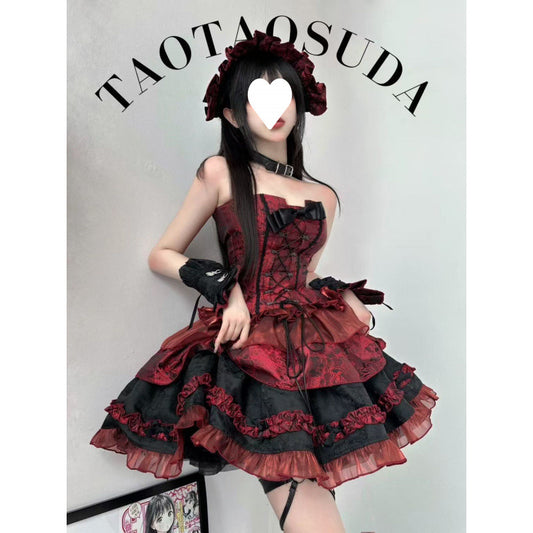 T8Y Vintage Lolita Skirt Design Sense Strapless Contrast Color Stitching Short Skirt Puff Sleeve Jacket Fashion Three-Piece Set