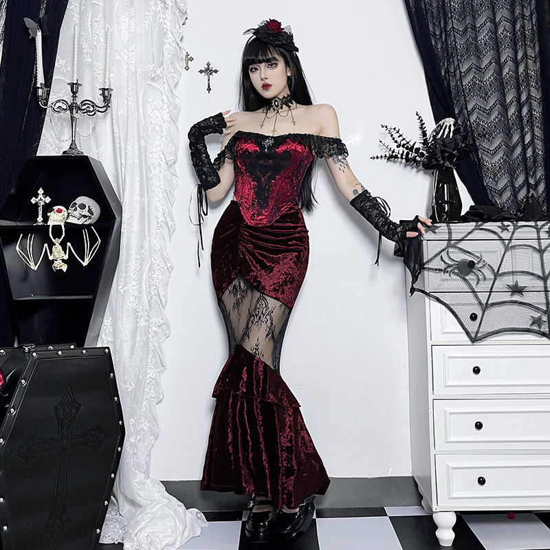JY23585 Diablo Style New Sexy Perspective Spice Girl Long Dress Summer Elegant Suede Lace Stitching Women's Half Skirt