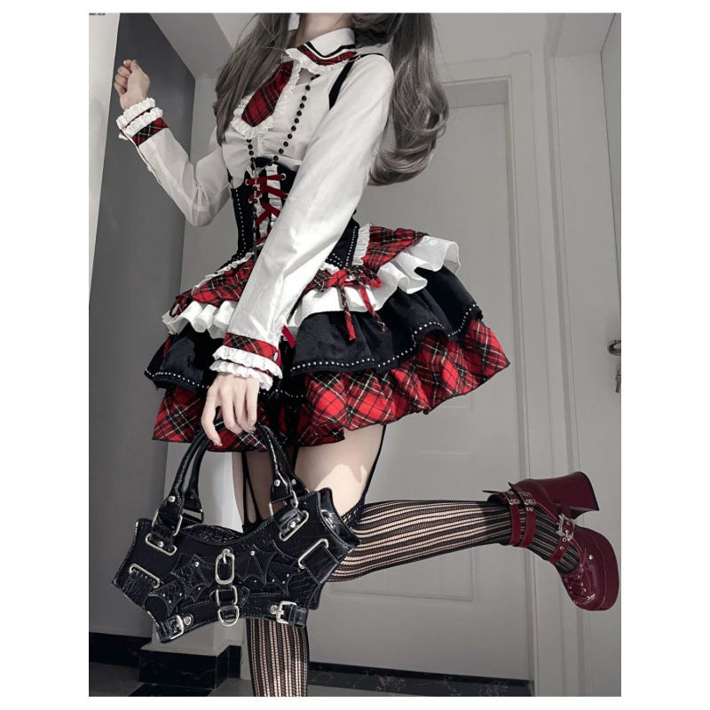 American Style Sweet And Spicy Sub-culture Style Heavy Industry Design Sense Contrast Shirt Belted High Waist Puffy Skirt Three-piece Set