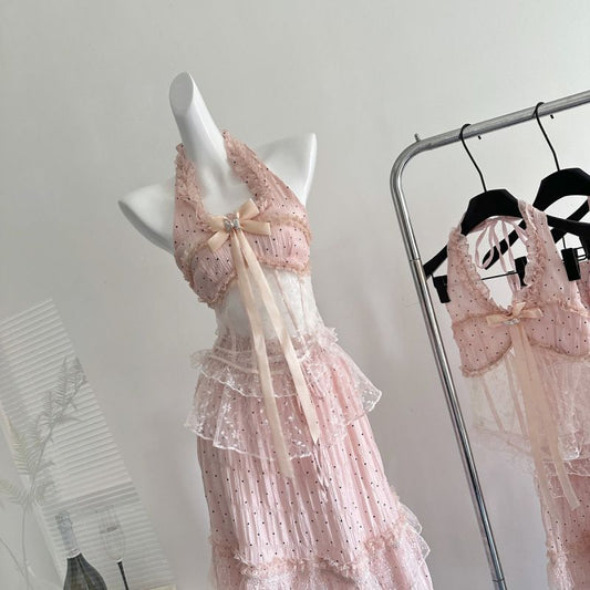 French Guava Style Sweet Sexy Pink Halterneck Suspender Dress For Women 2025 Spring And Summer New Slim Princess Dress