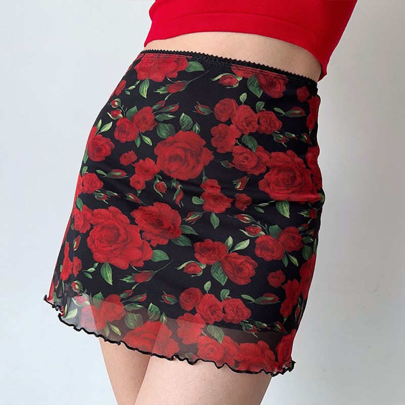 Summer All-match Design Sense American Style Retro High Waist A- Line Skirt Rose Short Wood-ear Edge Printed Half-length Skirt Trendy