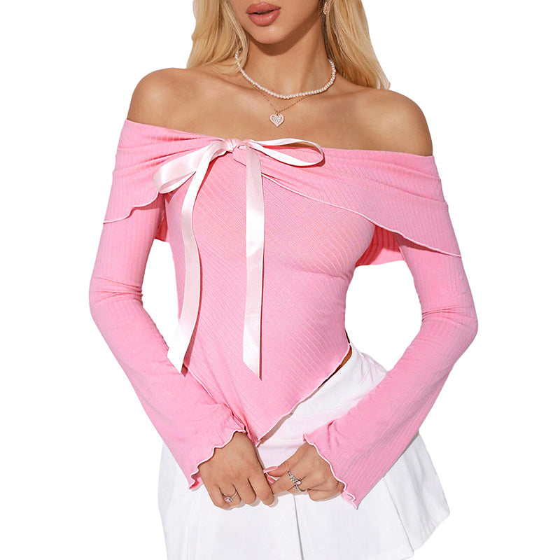 Savadica Q24TP438 European And American Spice Girls Off-shoulder Bow Decoration Asymmetrical Design Sense Slim T-shirt