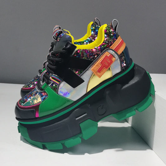 Leather Sequins And Color-blocking Sponge Cake Platform Height-enhancing Shoes