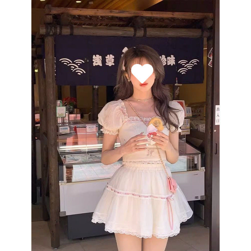 Female Sweet Square Collar Short Sleeve Top And Skirt Suit