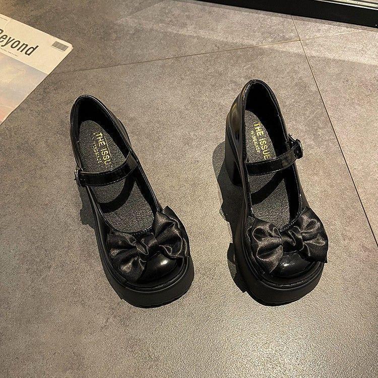 Bow High Heel Leather Shoes Women's Chunky Heel Shoes