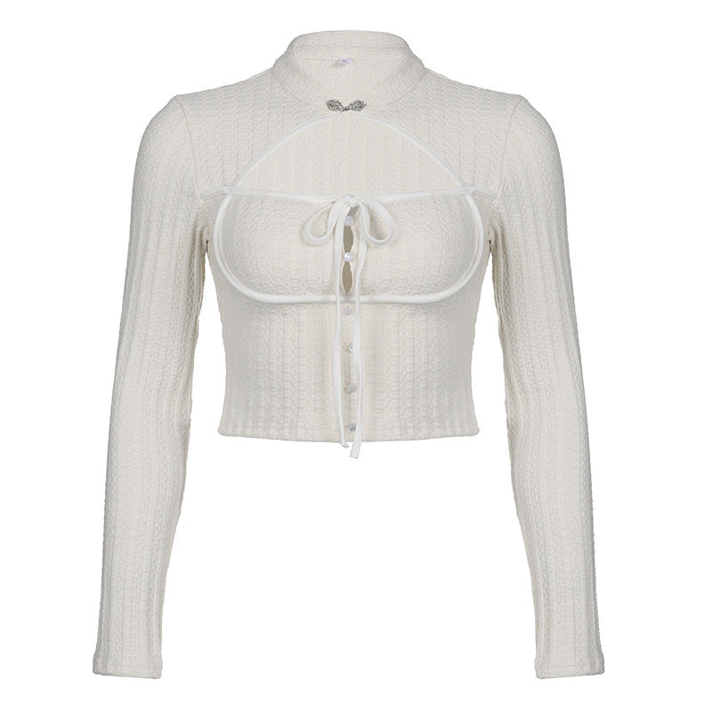 Chinese-style Design Button Stand Collar Knitted Top