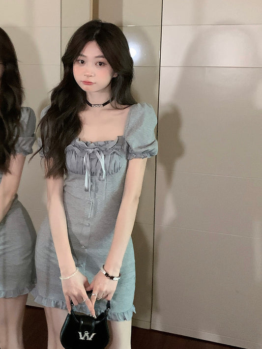 Women's Lace Collar Receive Waist Square Neck Thin Puff Sleeve Dress