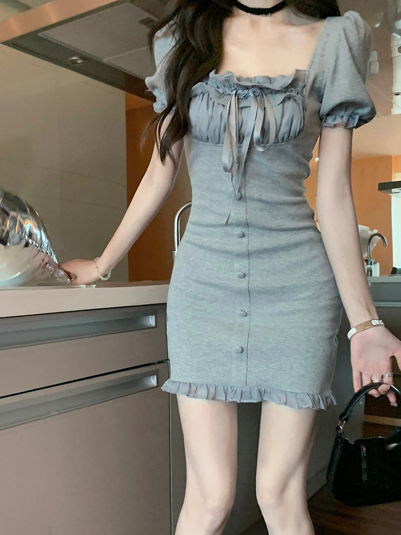 Women's Lace Collar Receive Waist Square Neck Thin Puff Sleeve Dress