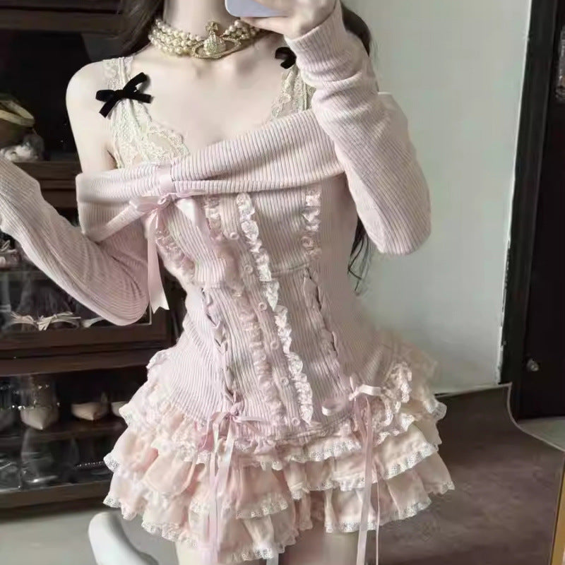 Skirt Pure Desire Style Sweet Bow Off-shoulder Long Sleeve Top Cake Short Skirt Girl Two-piece Set