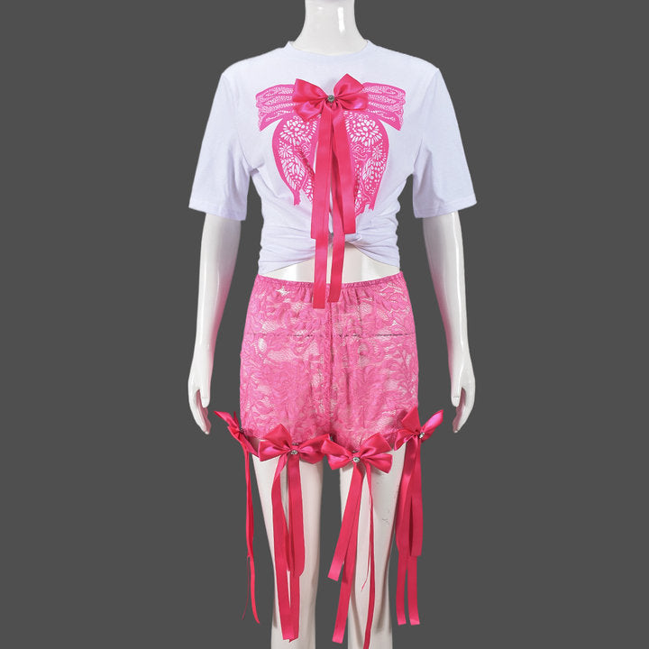 Sexy 3D Butterfly Printed Loose Top Lace Trendy Shorts Suit Women
