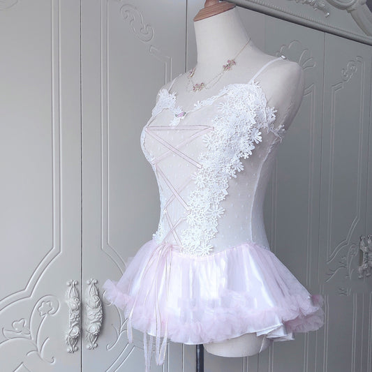 Sweet Lace Mesh Perspective One-piece Suit Hand-made Small Suspender Skirt