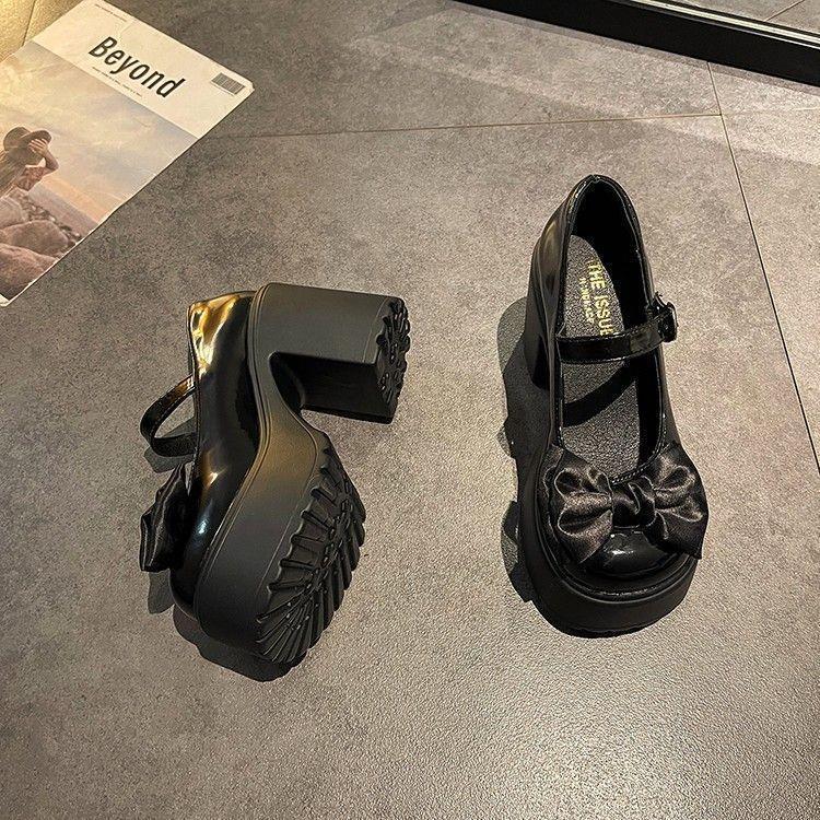 Bow High Heel Leather Shoes Women's Chunky Heel Shoes