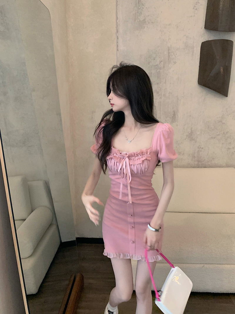 Women's Lace Collar Receive Waist Square Neck Thin Puff Sleeve Dress