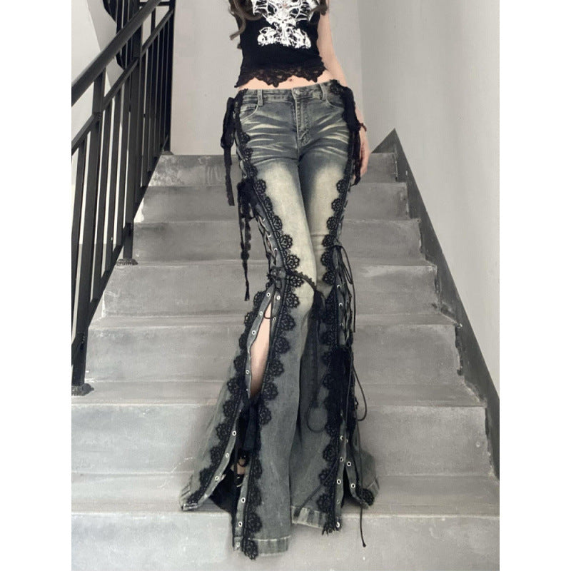 Vintage Plus Size Lace Strap Split Jeans