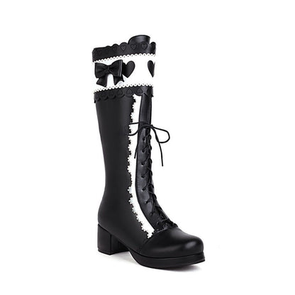 Hollowed Out Bow Color Matching Medium Heel Large Size Boots For Women