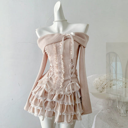 Skirt Pure Desire Style Sweet Bow Off-shoulder Long Sleeve Top Cake Short Skirt Girl Two-piece Set
