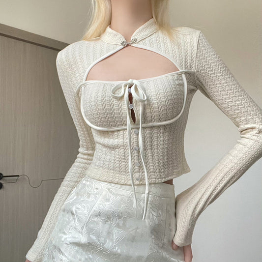 Chinese-style Design Button Stand Collar Knitted Top