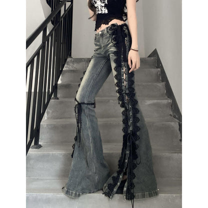 Vintage Plus Size Lace Strap Split Jeans