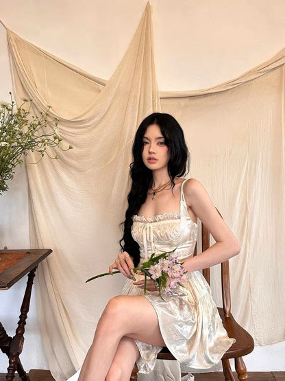 Apricot Sling Mini Dress – Summer Floral Style