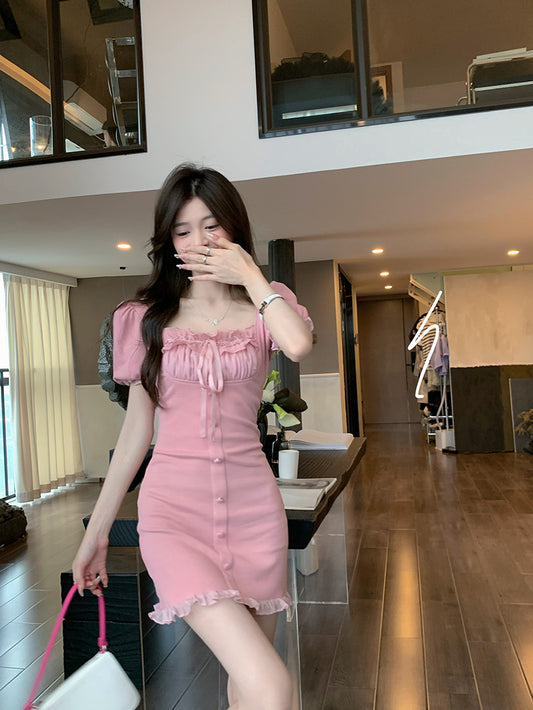 Women's Lace Collar Receive Waist Square Neck Thin Puff Sleeve Dress