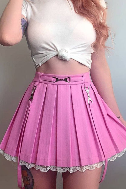 High-waist Lace Stitching Contrast Streamer Pleated Skirt