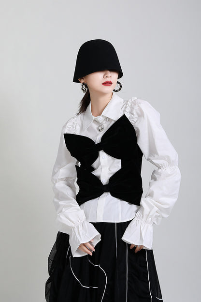 Wooden Ear Stitching Velvet Bow Shirt Women'S Spring And Summer Design Puff Sleeve Age Reducing Blouse