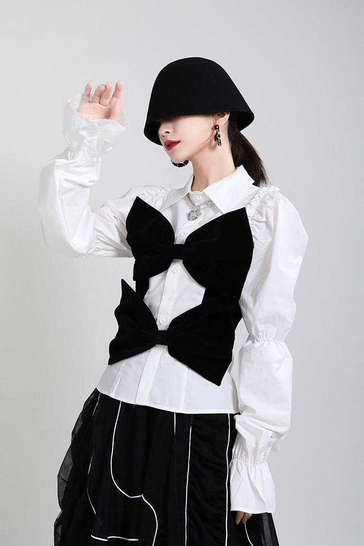 Wooden Ear Stitching Velvet Bow Shirt Women'S Spring And Summer Design Puff Sleeve Age Reducing Blouse