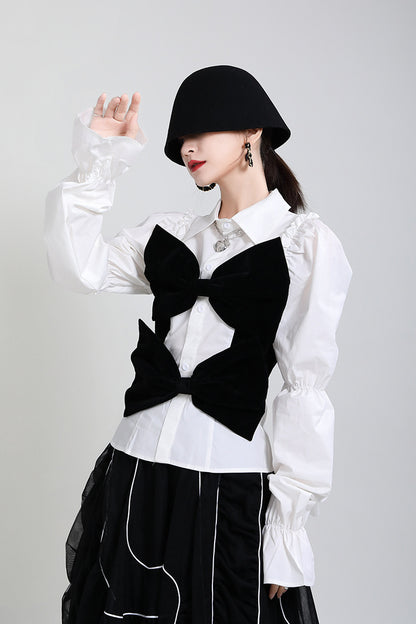 Wooden Ear Stitching Velvet Bow Shirt Women'S Spring And Summer Design Puff Sleeve Age Reducing Blouse