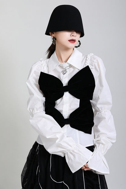Wooden Ear Stitching Velvet Bow Shirt Women'S Spring And Summer Design Puff Sleeve Age Reducing Blouse