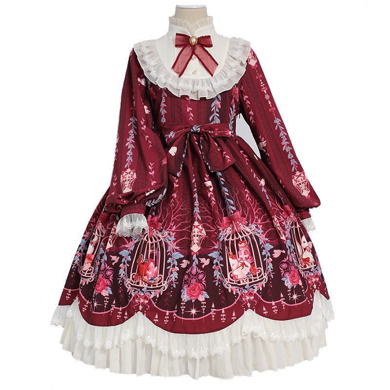 Cage Dream Handle Bow Tie Lace OP Long-sleeved Autumn And Winter Dress