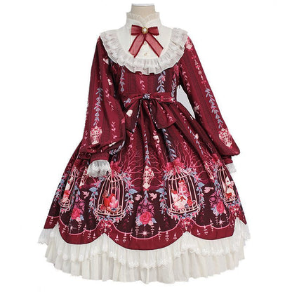 Cage Dream Handle Bow Tie Lace OP Long-sleeved Autumn And Winter Dress