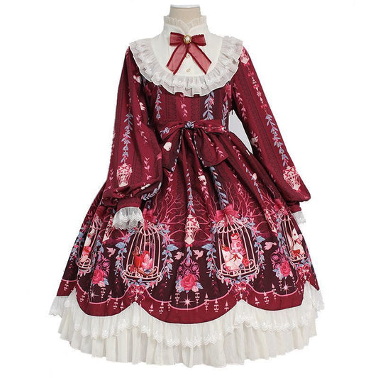 Cage Dream Handle Bow Tie Lace OP Long-sleeved Autumn And Winter Dress