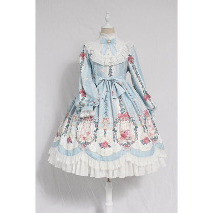 Cage Dream Handle Bow Tie Lace OP Long-sleeved Autumn And Winter Dress