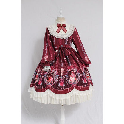 Cage Dream Handle Bow Tie Lace OP Long-sleeved Autumn And Winter Dress