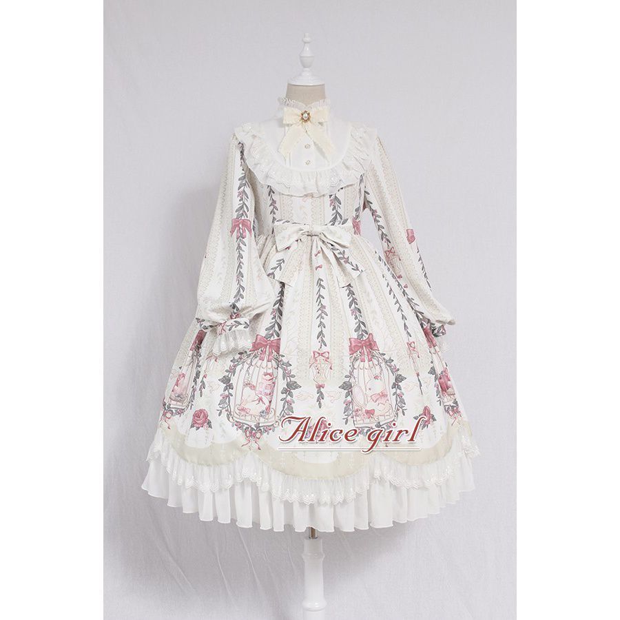 Cage Dream Handle Bow Tie Lace OP Long-sleeved Autumn And Winter Dress