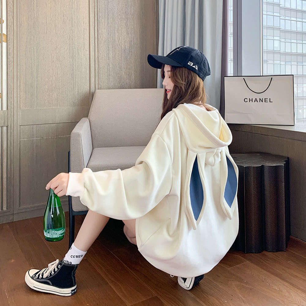 Sweet Preppy Hoodie – Bunny Ears & Velvet Warmth