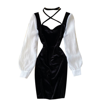 Puff Sleeves Contrast Stitching Scheming Hanging Neck Velvet Mini Dress