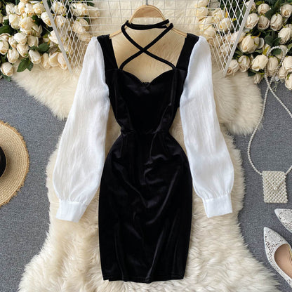 Puff Sleeves Contrast Stitching Scheming Hanging Neck Velvet Mini Dress