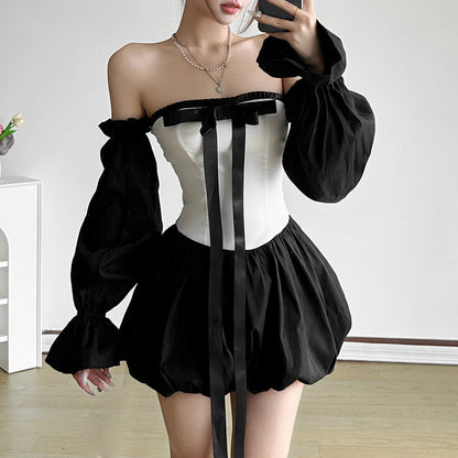 Contrast Color Fashion Hot Girl Bow Tube Top Cinched Waist Bud Skirt Dress