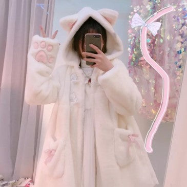 Warm Faux Fur Cat Coat – Kawaii Style with Ears & Paws