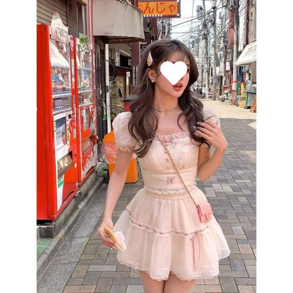 Female Sweet Square Collar Short Sleeve Top And Skirt Suit