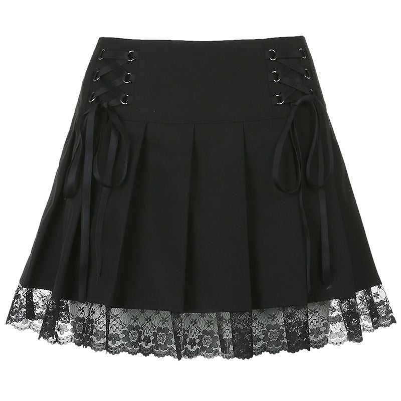 Fashion Black Short Skirt With Black Lace And Tie