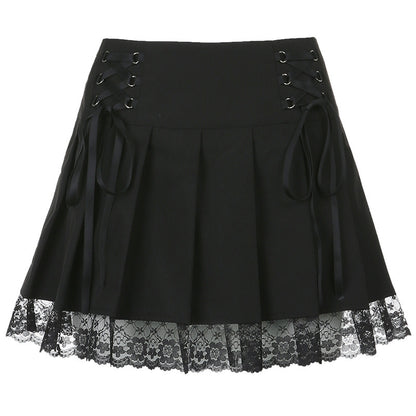 Fashion Black Short Skirt With Black Lace And Tie