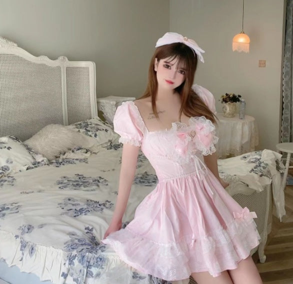 Lace Trim Puff Sleeve Slim Fit Ladies Dress