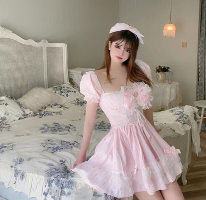 Lace Trim Puff Sleeve Slim Fit Ladies Dress