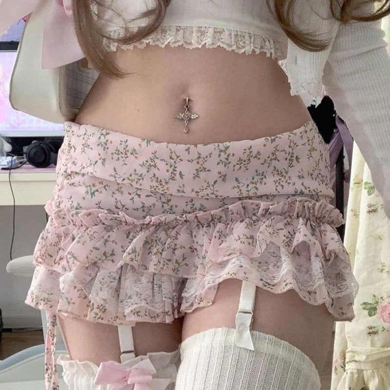 Fragmented Lace And Lace Patchwork Low Waisted Chiffon Skirt