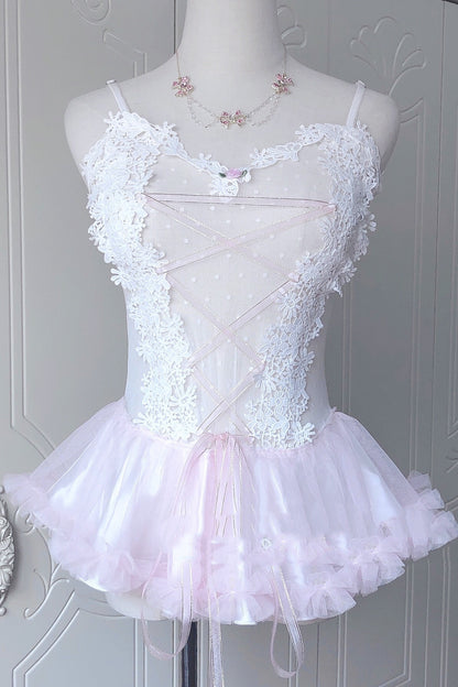 Sweet Lace Mesh Perspective One-piece Suit Hand-made Small Suspender Skirt