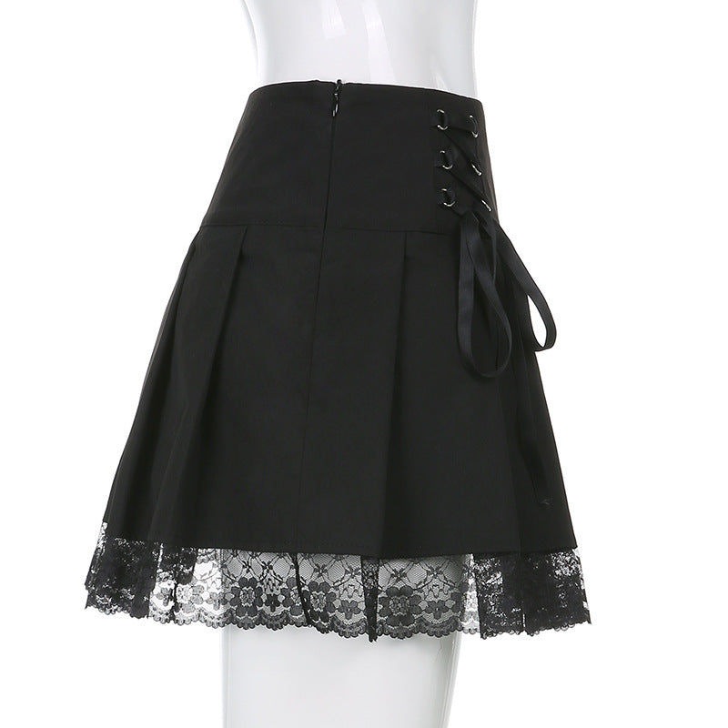 Fashion Black Short Skirt With Black Lace And Tie