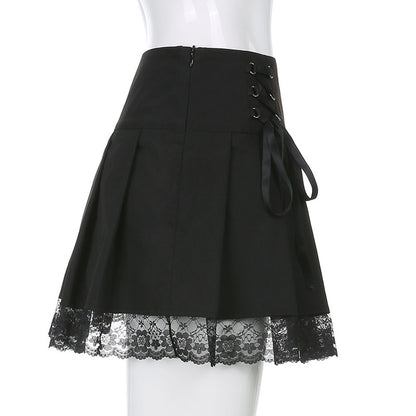 Fashion Black Short Skirt With Black Lace And Tie